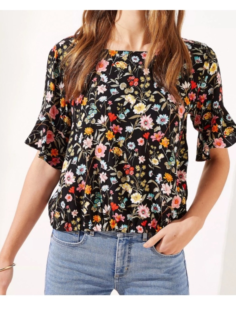 Loft Black Floral Half Bell Ruffle Sleeve Keyhole Back Bubble Blouse Size XL